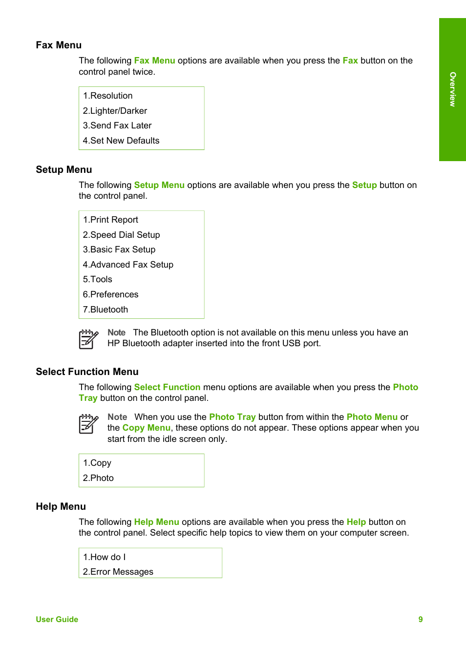 Fax menu, Setup menu, Select function menu | Help menu | HP Photosmart 3110 All-in-One Printer User Manual | Page 12 / 166