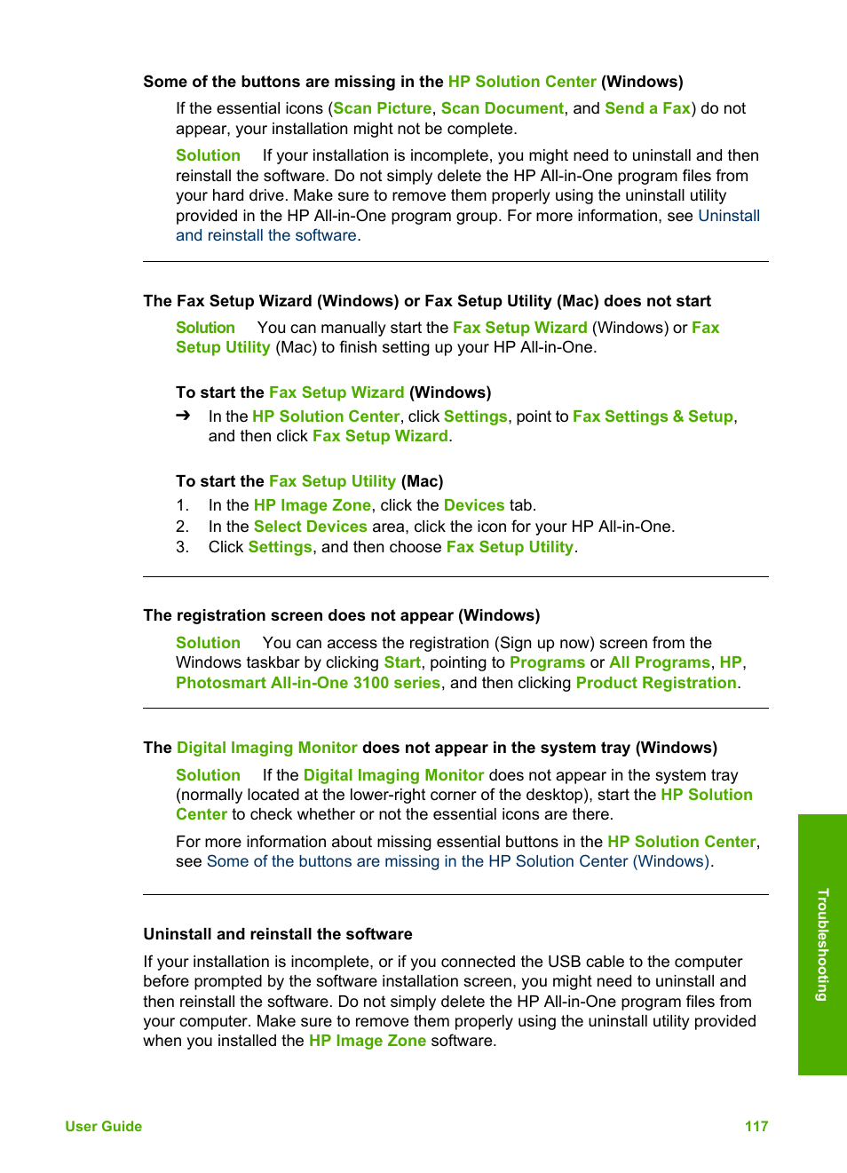 Uninstall and reinstall the software, Uninstall and, Reinstall the software | HP Photosmart 3110 All-in-One Printer User Manual | Page 120 / 166