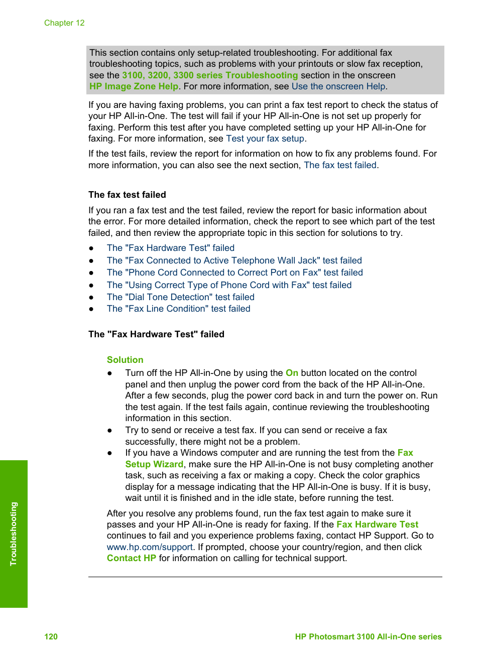 The fax test failed, Found during the test, see, Fax test failed | HP Photosmart 3110 All-in-One Printer User Manual | Page 123 / 166