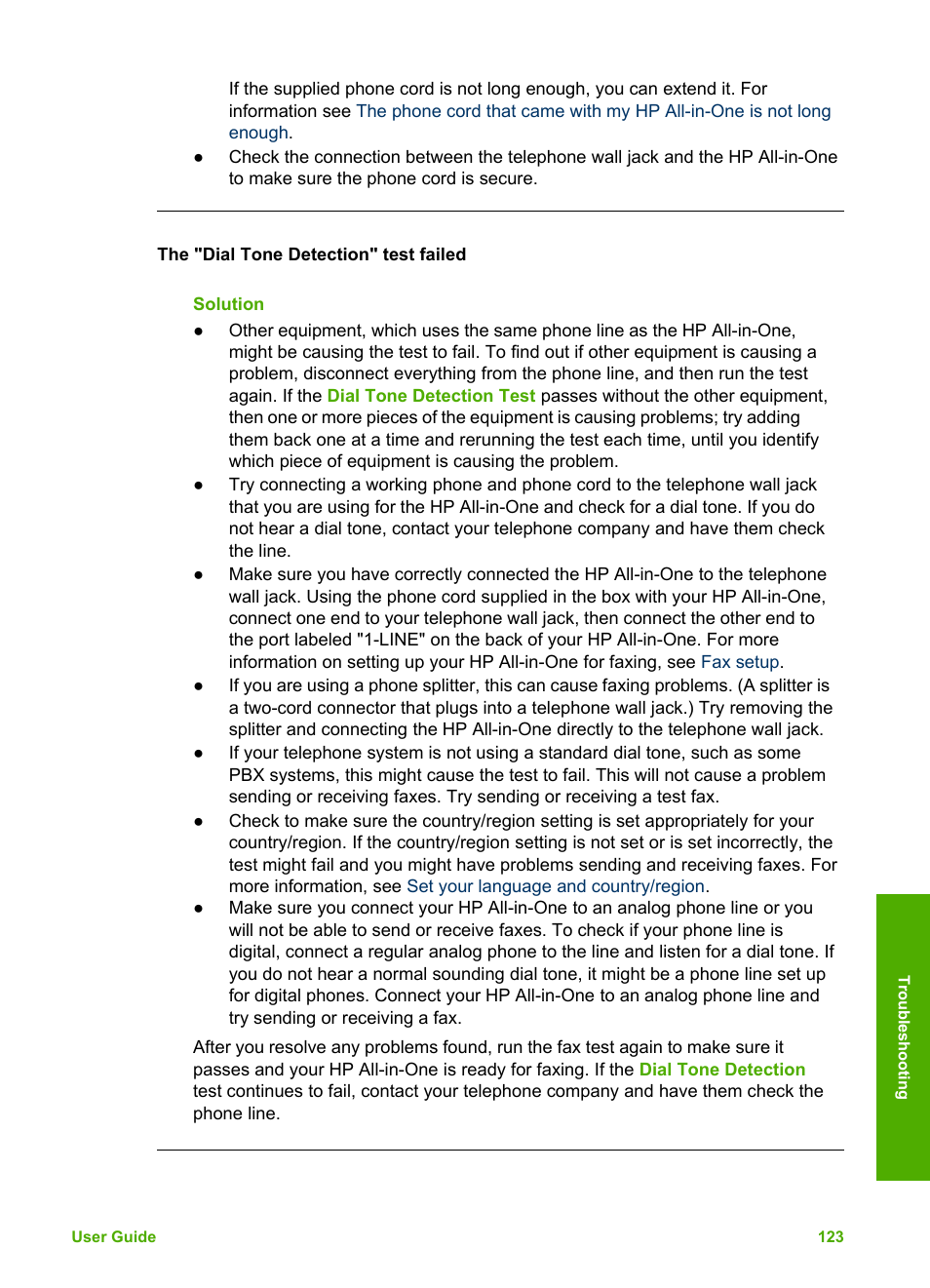 The "dial tone detection" test failed | HP Photosmart 3110 All-in-One Printer User Manual | Page 126 / 166