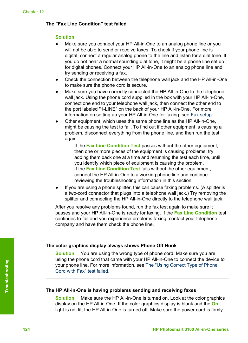 The "fax line condition" test failed | HP Photosmart 3110 All-in-One Printer User Manual | Page 127 / 166