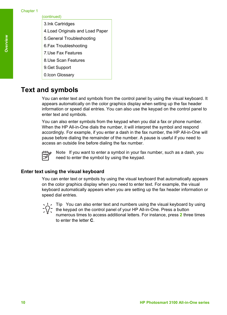 Text and symbols, Enter text using the visual keyboard | HP Photosmart 3110 All-in-One Printer User Manual | Page 13 / 166
