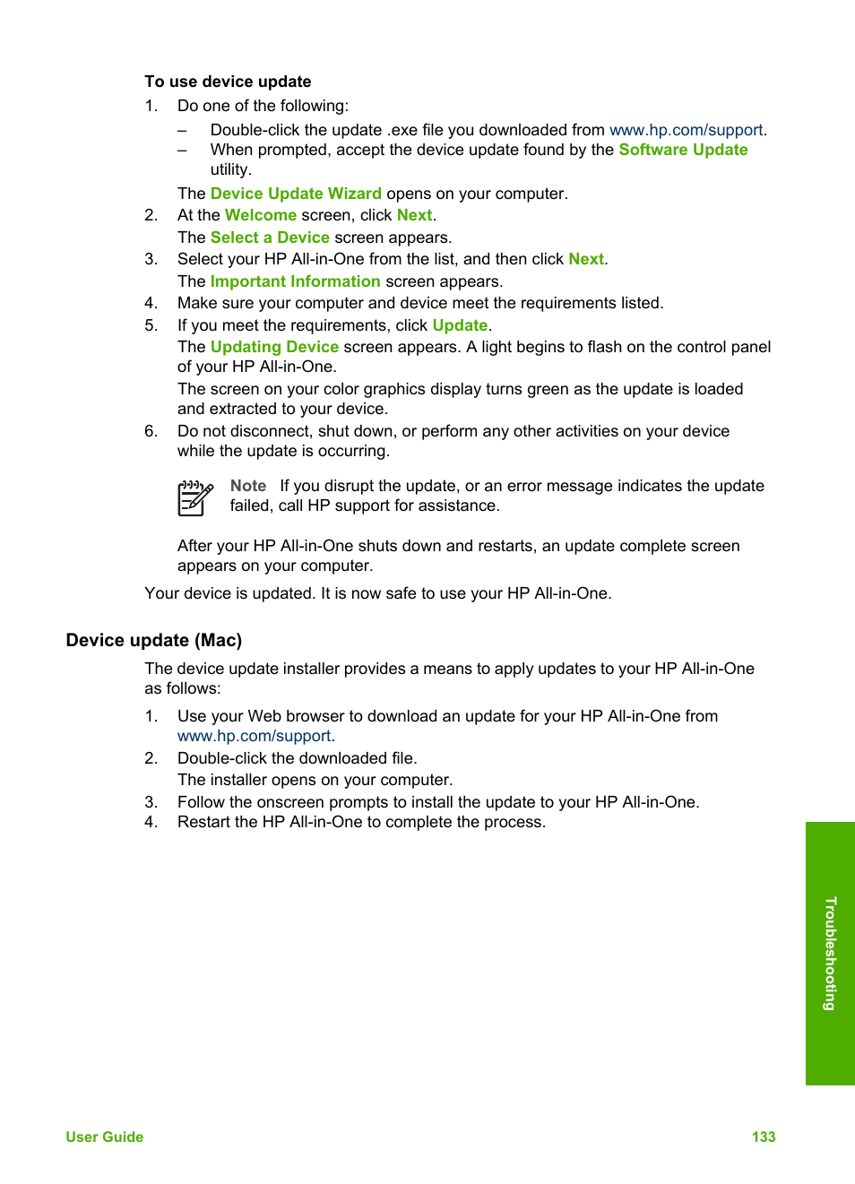 Device update (mac) | HP Photosmart 3110 All-in-One Printer User Manual | Page 136 / 166