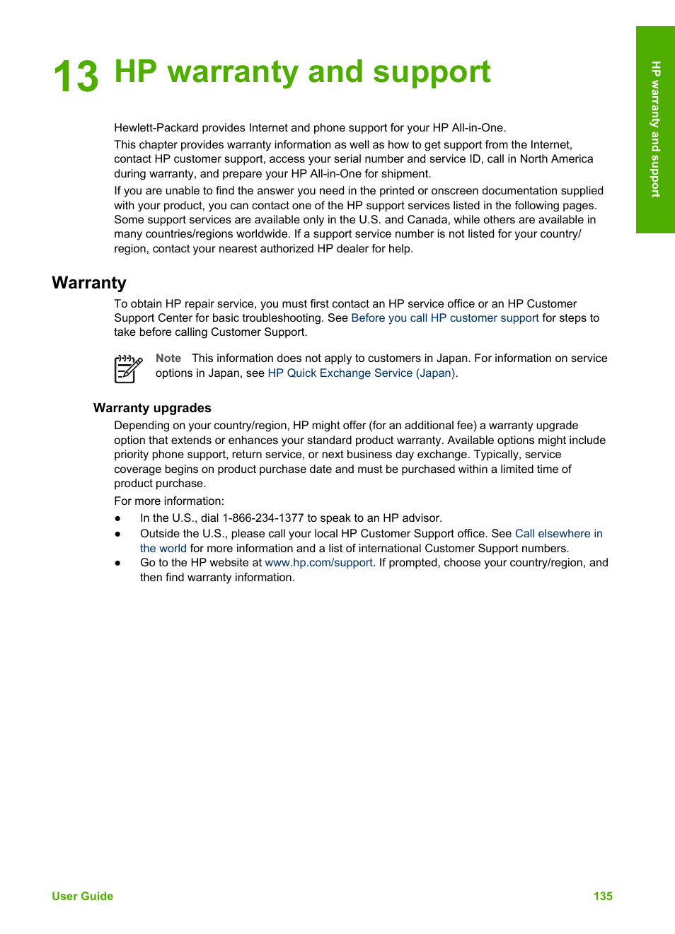 Hp warranty and support, Warranty, Warranty upgrades | 13 hp warranty and support, Warranty and support | HP Photosmart 3110 All-in-One Printer User Manual | Page 138 / 166