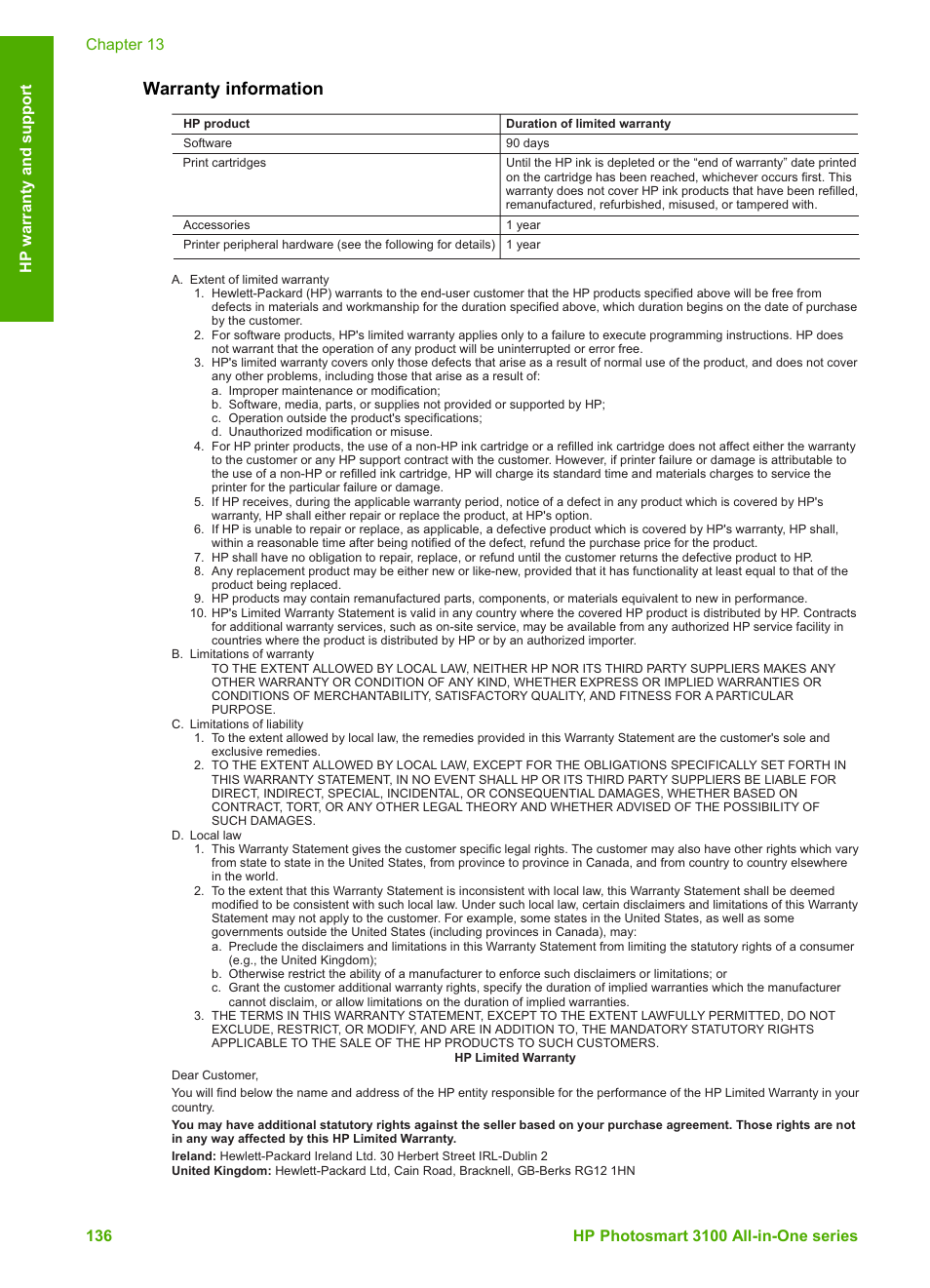 Warranty information | HP Photosmart 3110 All-in-One Printer User Manual | Page 139 / 166