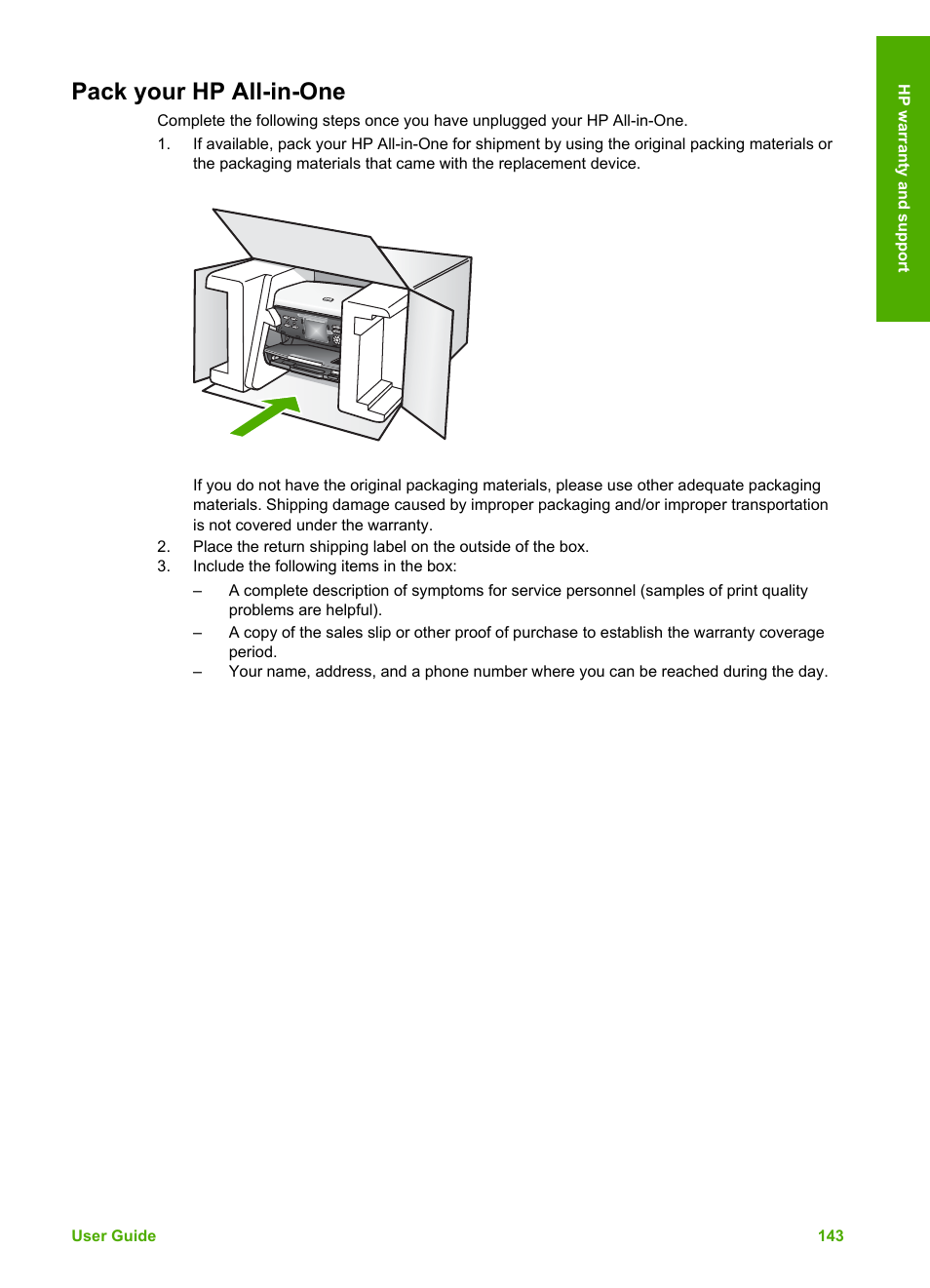 Pack your hp all-in-one, For exchange, see | HP Photosmart 3110 All-in-One Printer User Manual | Page 146 / 166