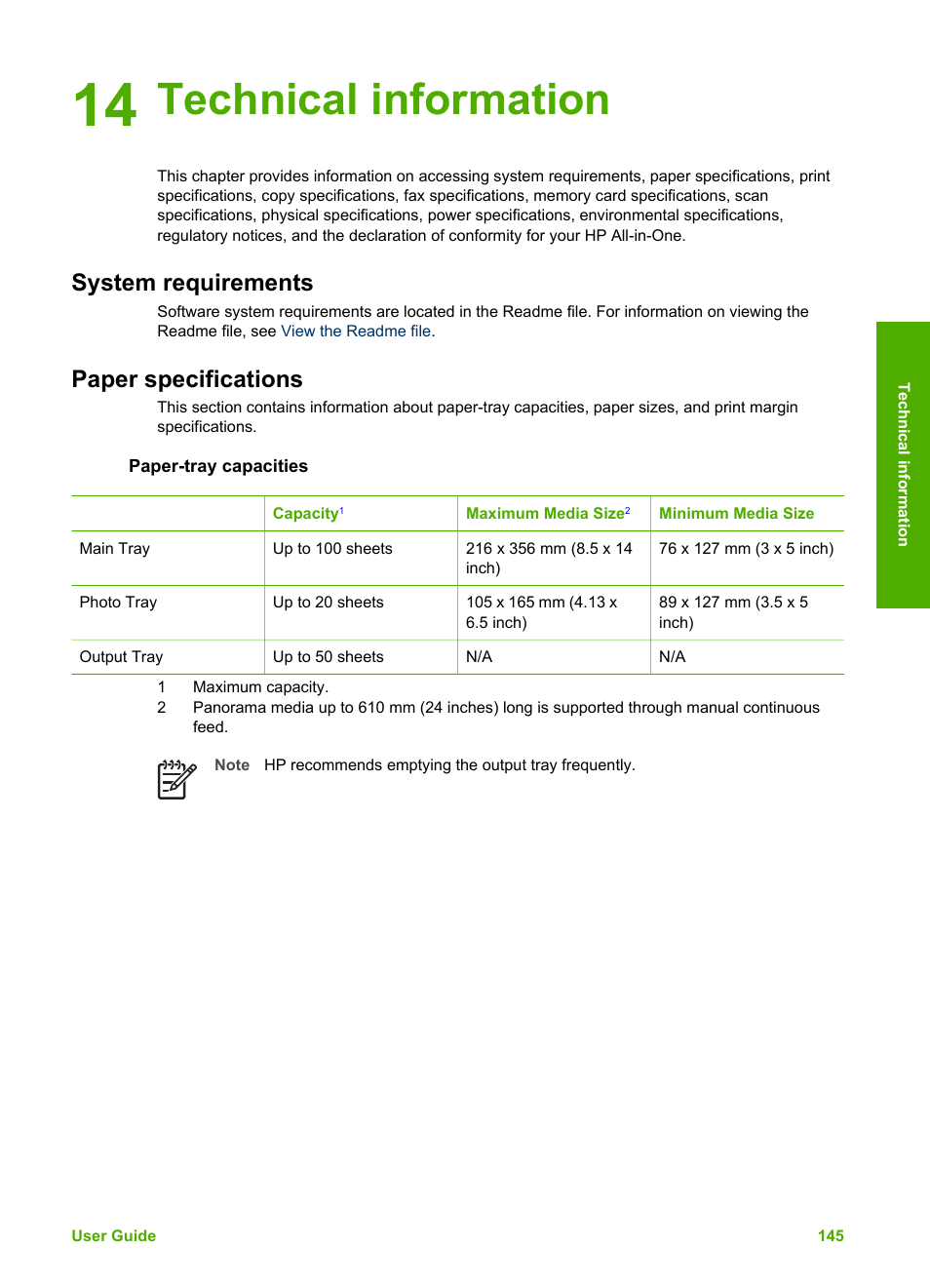 Technical information, System requirements, Paper specifications | Paper-tray capacities, 14 technical information, System requirements paper specifications | HP Photosmart 3110 All-in-One Printer User Manual | Page 148 / 166