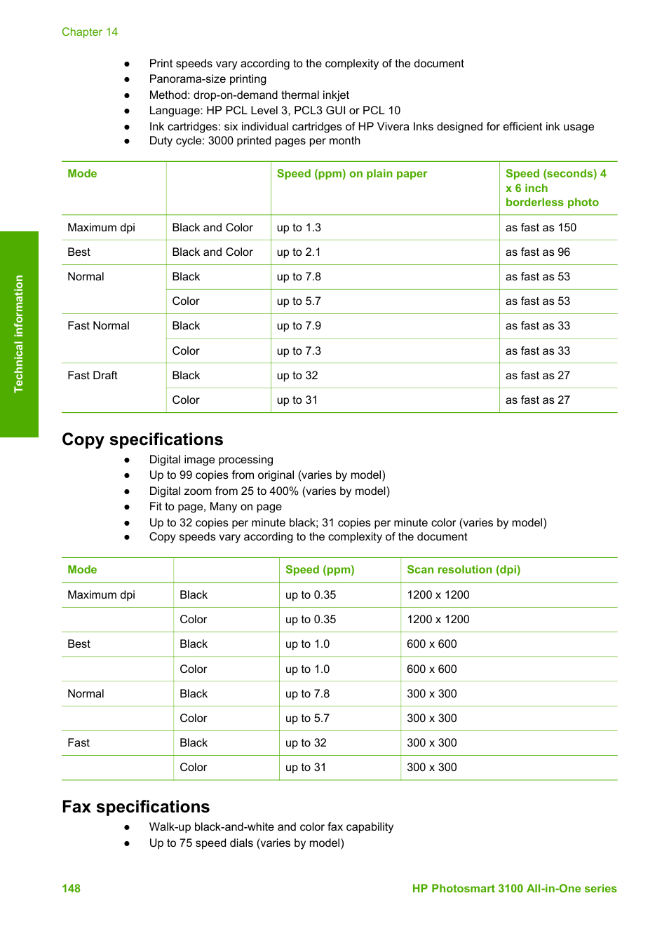 Copy specifications, Fax specifications, Copy specifications fax specifications | HP Photosmart 3110 All-in-One Printer User Manual | Page 151 / 166