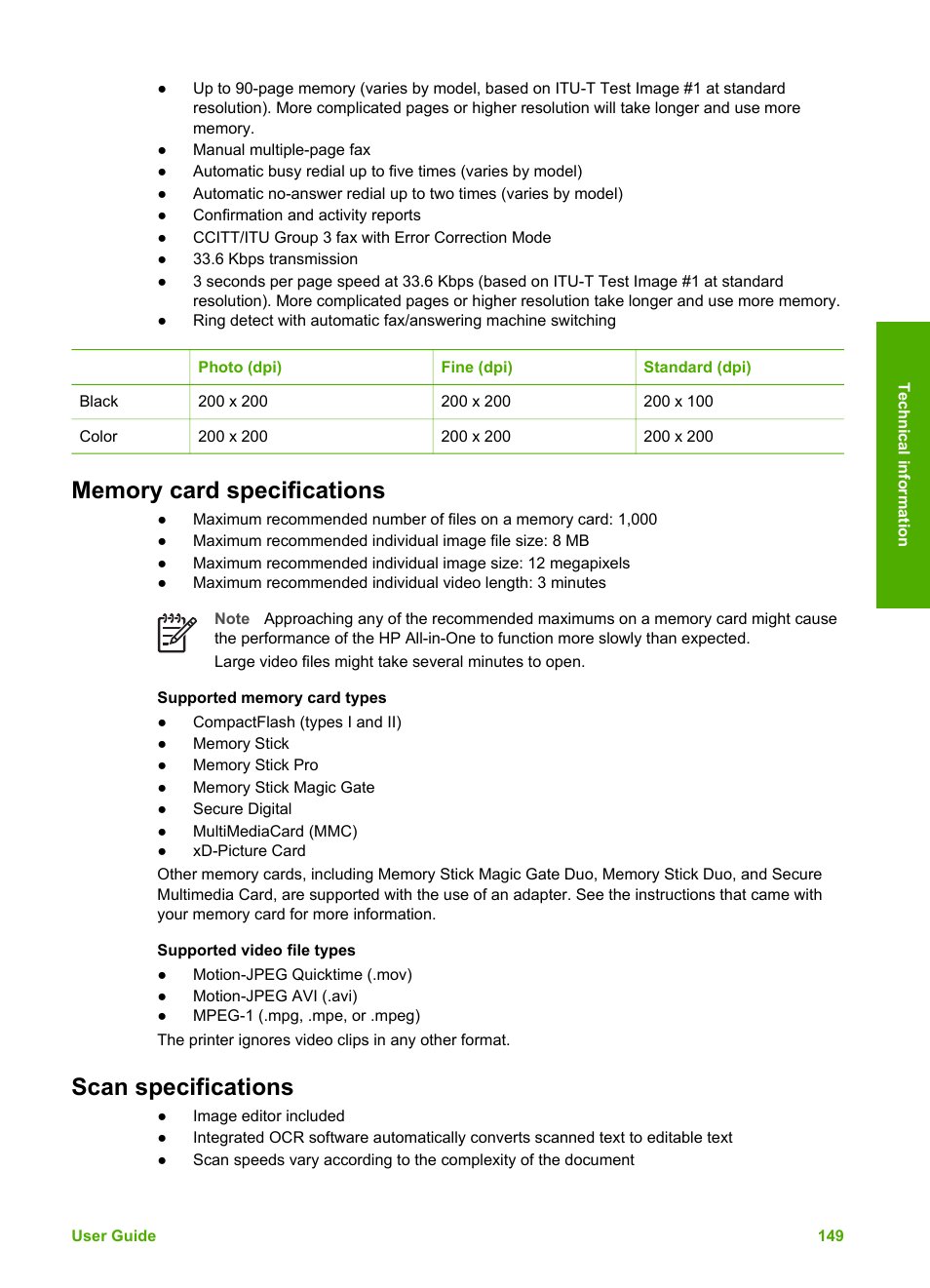 Memory card specifications, Scan specifications, Memory card specifications scan specifications | HP Photosmart 3110 All-in-One Printer User Manual | Page 152 / 166