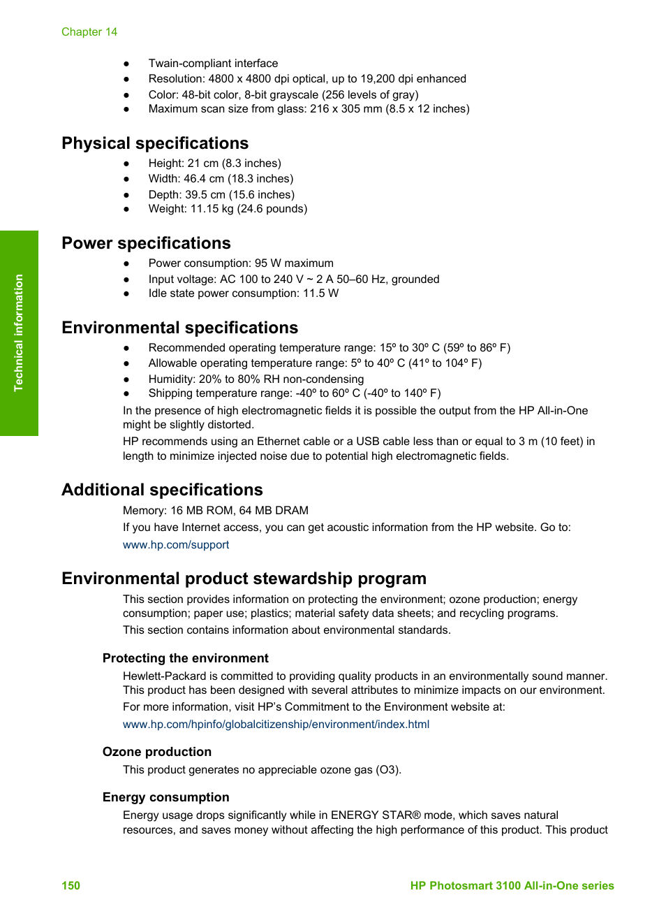 Physical specifications, Power specifications, Environmental specifications | Additional specifications, Environmental product stewardship program, Protecting the environment, Ozone production, Energy consumption | HP Photosmart 3110 All-in-One Printer User Manual | Page 153 / 166