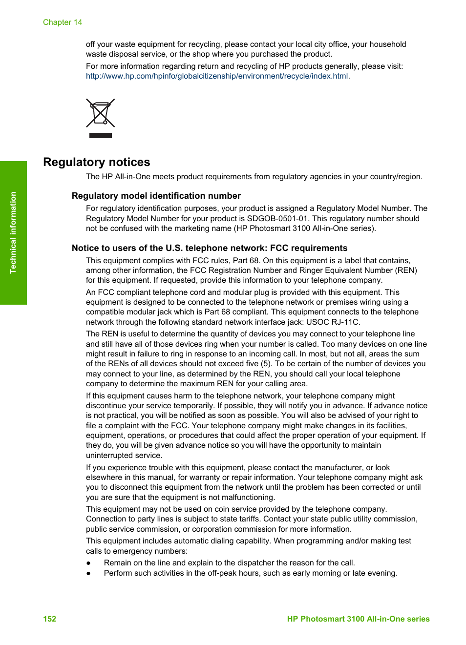 Regulatory notices, Regulatory model identification number | HP Photosmart 3110 All-in-One Printer User Manual | Page 155 / 166