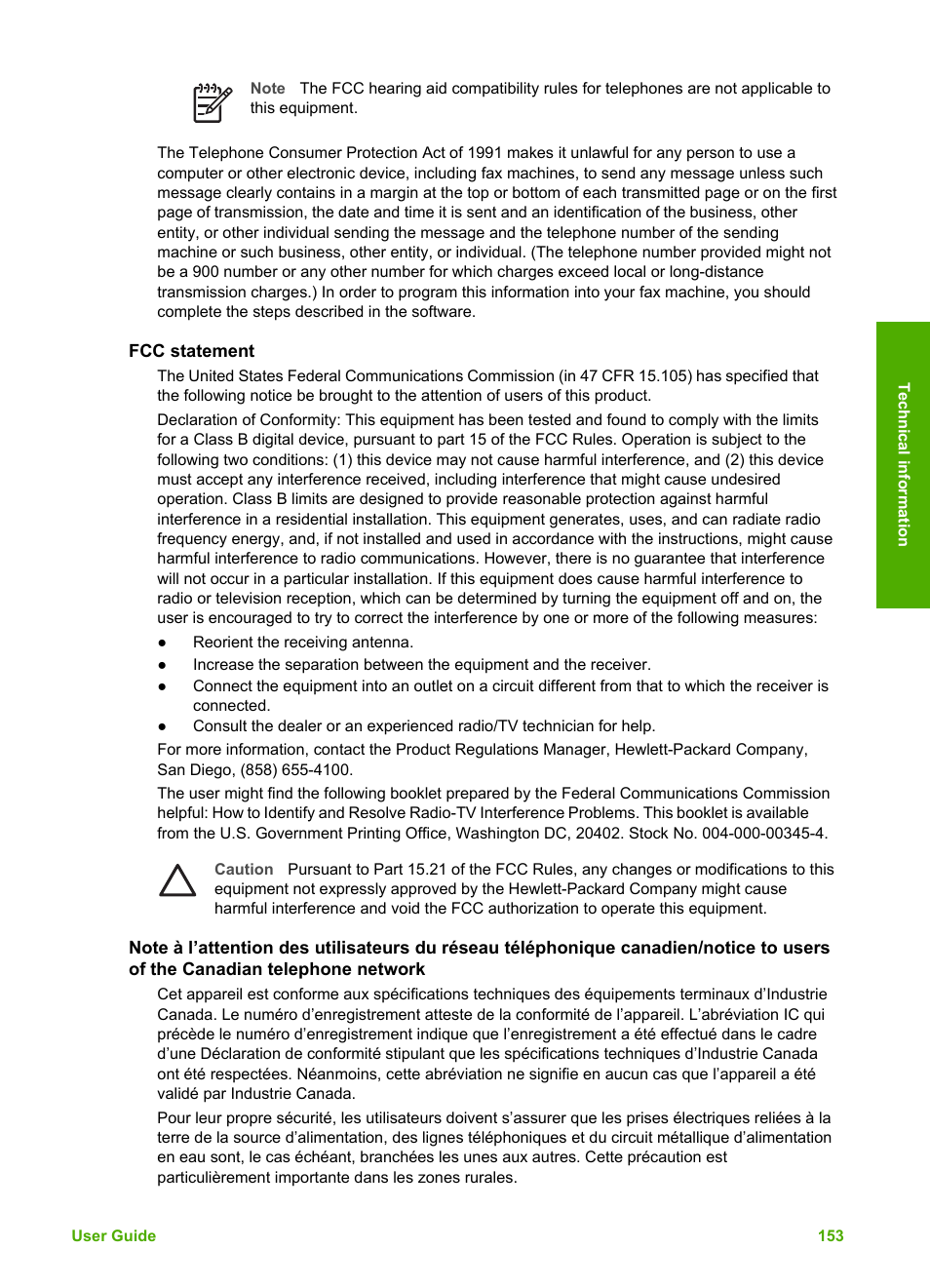 Fcc statement | HP Photosmart 3110 All-in-One Printer User Manual | Page 156 / 166