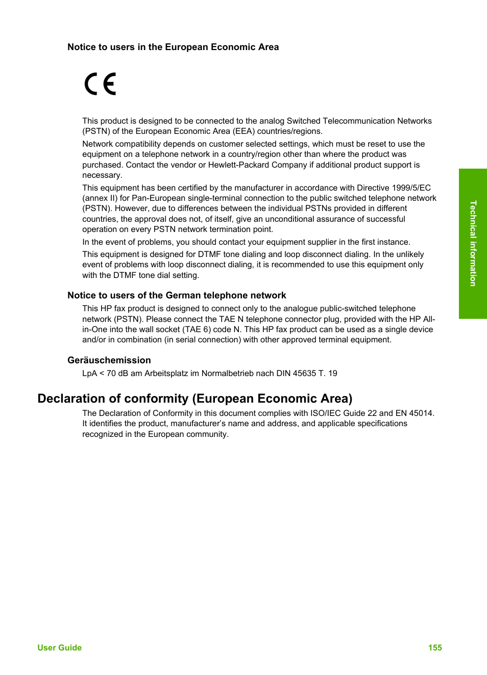 Notice to users in the european economic area, Notice to users of the german telephone network, Geräuschemission | Declaration of conformity (european economic area) | HP Photosmart 3110 All-in-One Printer User Manual | Page 158 / 166