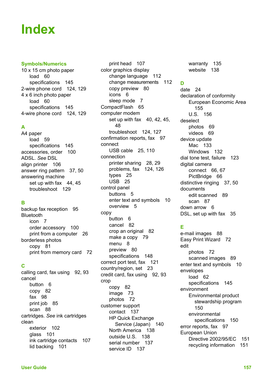 Index | HP Photosmart 3110 All-in-One Printer User Manual | Page 160 / 166