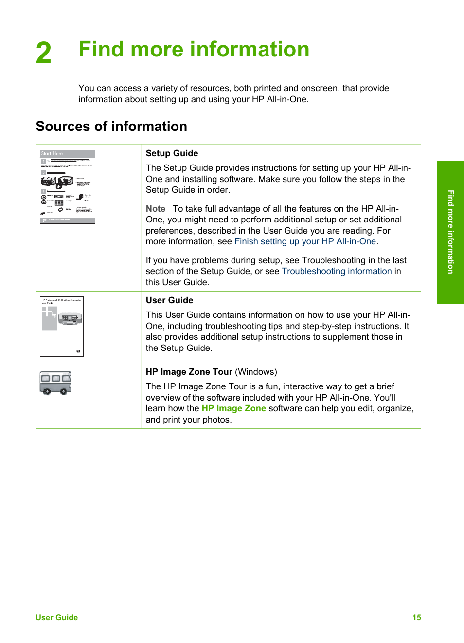 Find more information, Sources of information | HP Photosmart 3110 All-in-One Printer User Manual | Page 18 / 166