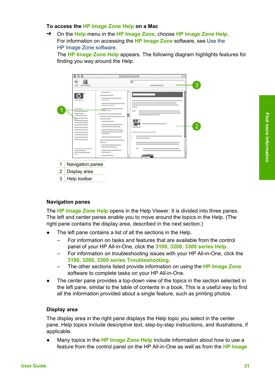 Navigation panes, Display area | HP Photosmart 3110 All-in-One Printer User Manual | Page 24 / 166