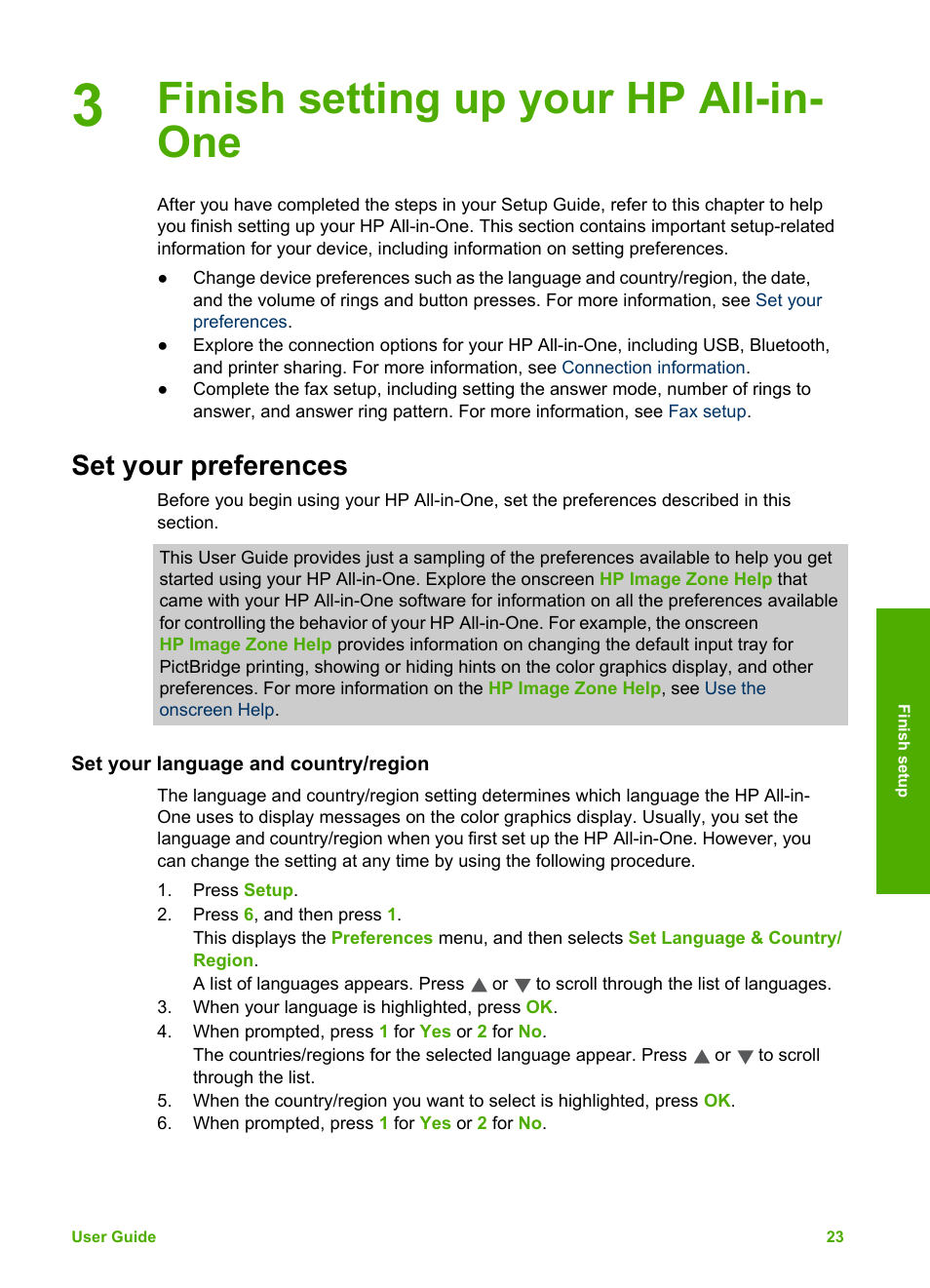 Finish setting up your hp all-in-one, Set your preferences, Set your language and country/region | Finish setting up your hp all-in- one | HP Photosmart 3110 All-in-One Printer User Manual | Page 26 / 166