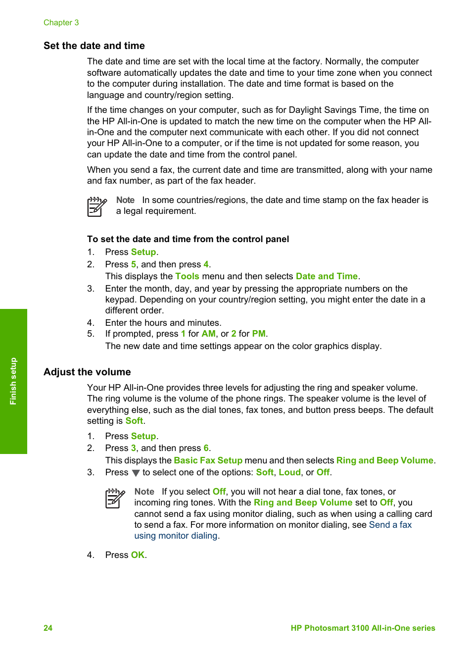 Set the date and time, Adjust the volume | HP Photosmart 3110 All-in-One Printer User Manual | Page 27 / 166