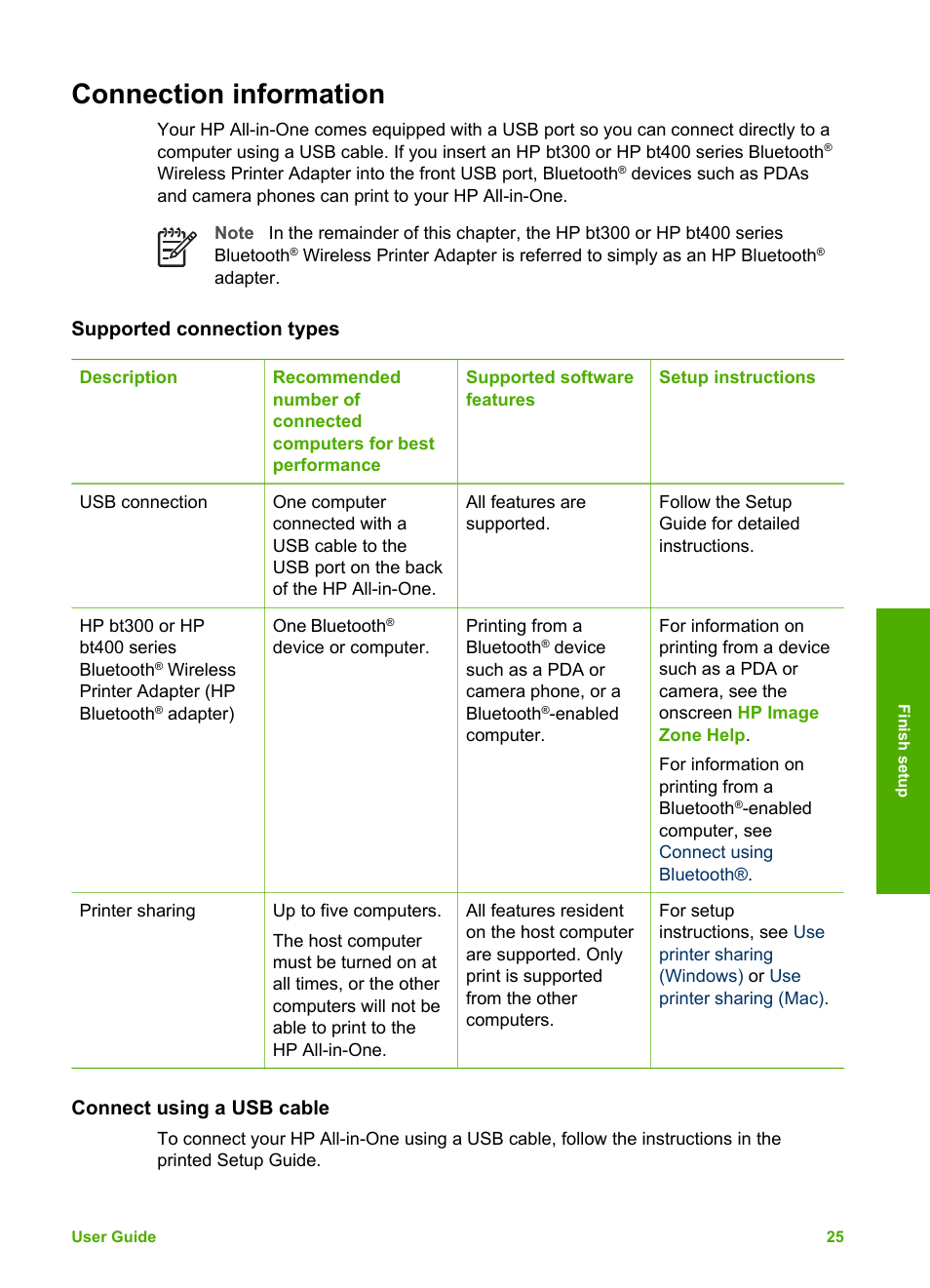 Connection information, Supported connection types, Connect using a usb cable | HP Photosmart 3110 All-in-One Printer User Manual | Page 28 / 166