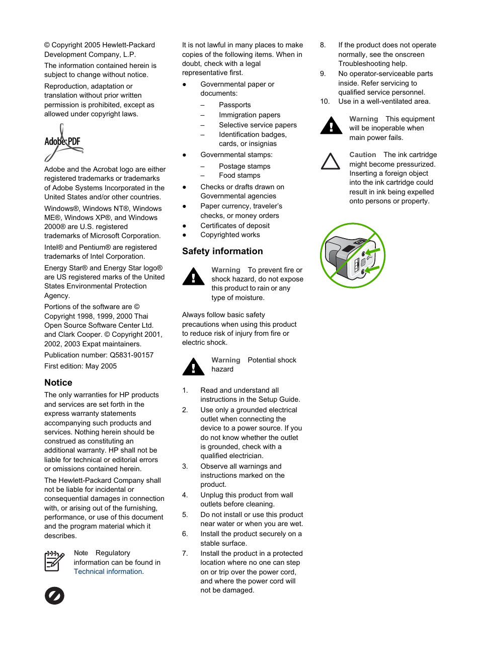 Notice, Safety information | HP Photosmart 3110 All-in-One Printer User Manual | Page 3 / 166