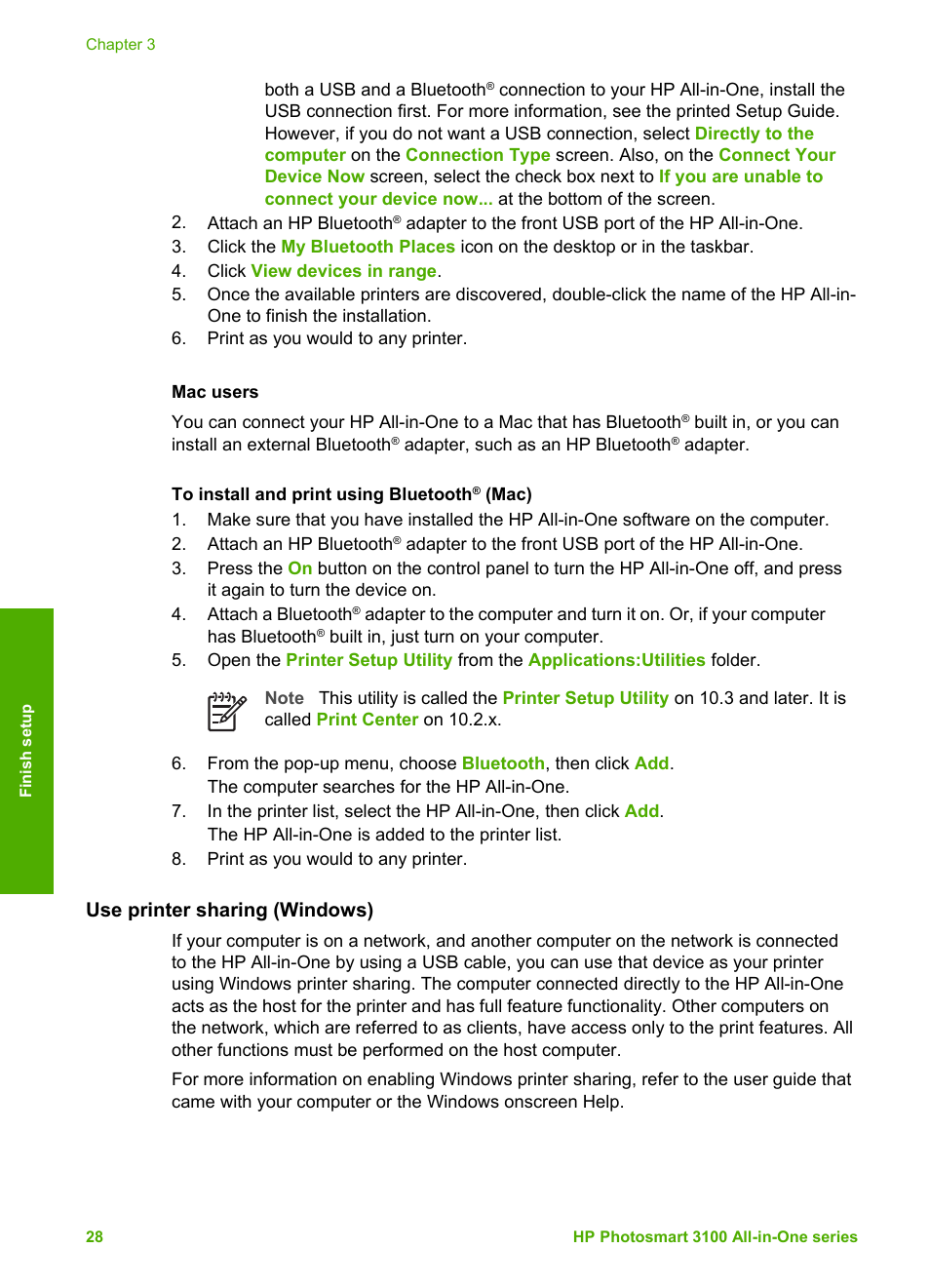 Mac users, Use printer sharing (windows), Printer sharing (windows) | Mac, see | HP Photosmart 3110 All-in-One Printer User Manual | Page 31 / 166