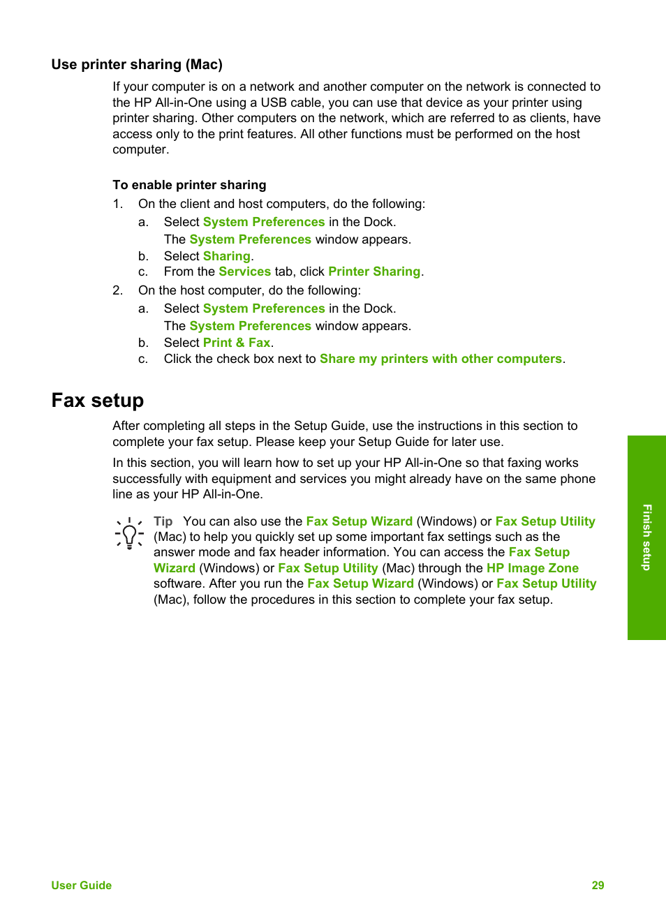 Use printer sharing (mac), Fax setup, Printer sharing (mac) | HP Photosmart 3110 All-in-One Printer User Manual | Page 32 / 166