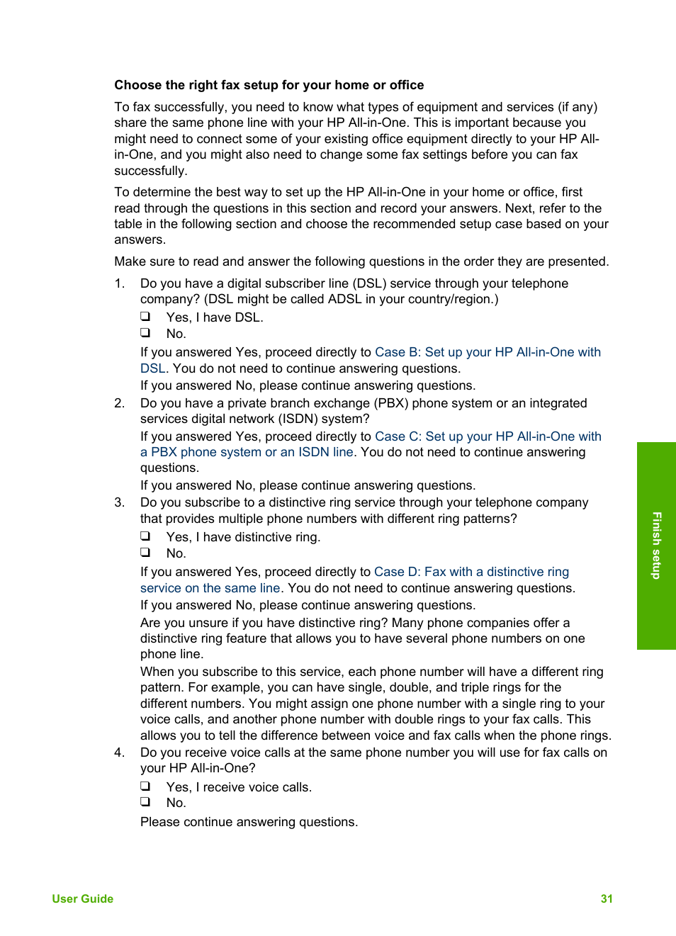 Choose the right fax setup for your home or office | HP Photosmart 3110 All-in-One Printer User Manual | Page 34 / 166