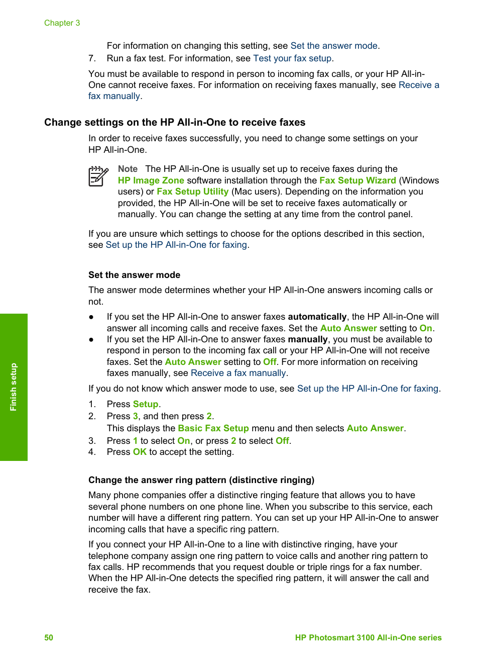 Set the answer mode, Change the answer ring pattern, Distinctive ringing) | HP Photosmart 3110 All-in-One Printer User Manual | Page 53 / 166