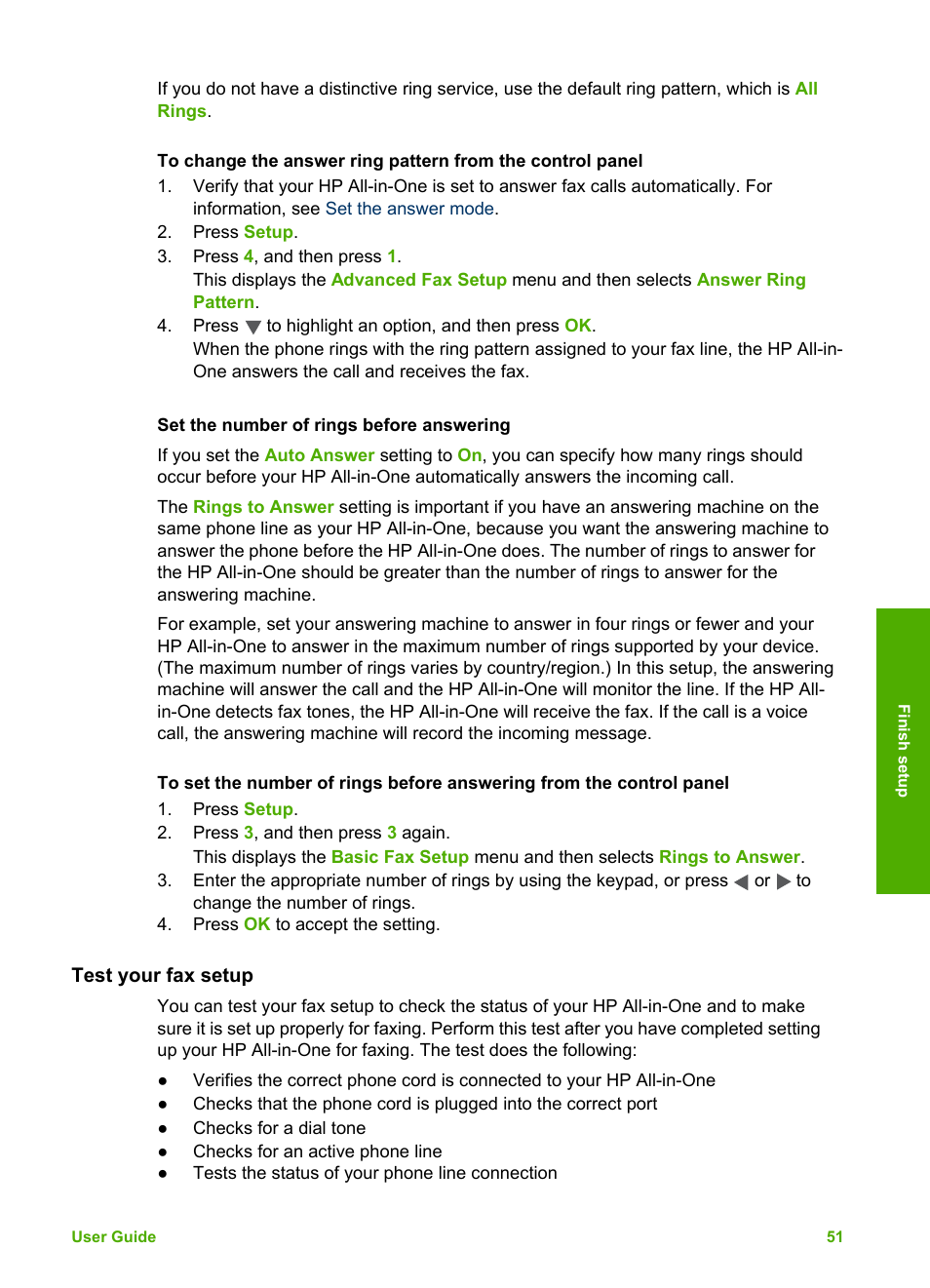 Set the number of rings before answering, Test your fax setup, Set the number of rings before | Answering | HP Photosmart 3110 All-in-One Printer User Manual | Page 54 / 166