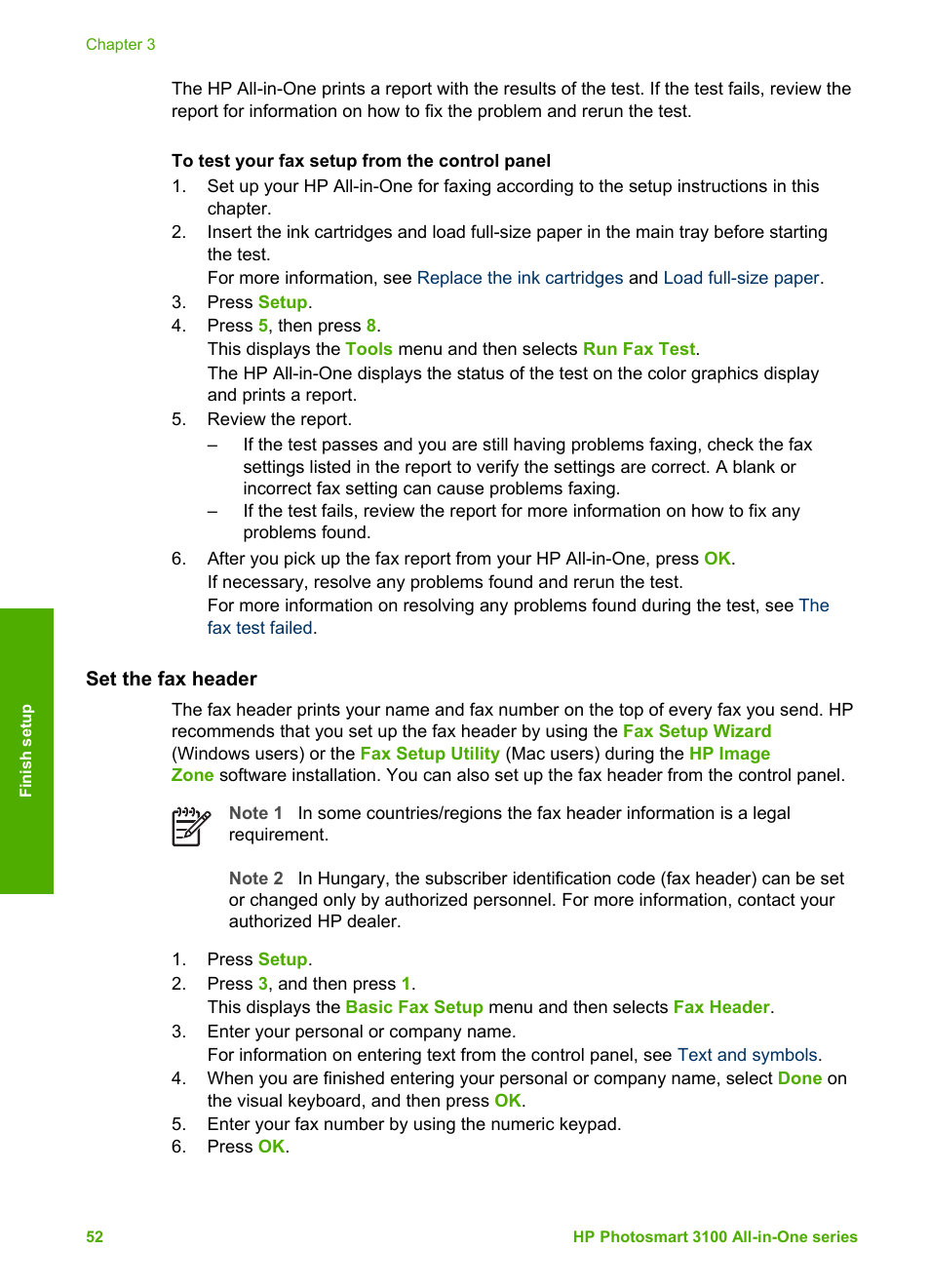 Set the fax header | HP Photosmart 3110 All-in-One Printer User Manual | Page 55 / 166