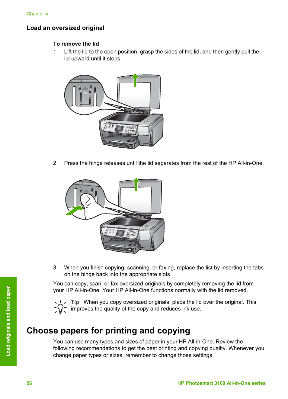 Load an oversized original, Choose papers for printing and copying | HP Photosmart 3110 All-in-One Printer User Manual | Page 59 / 166