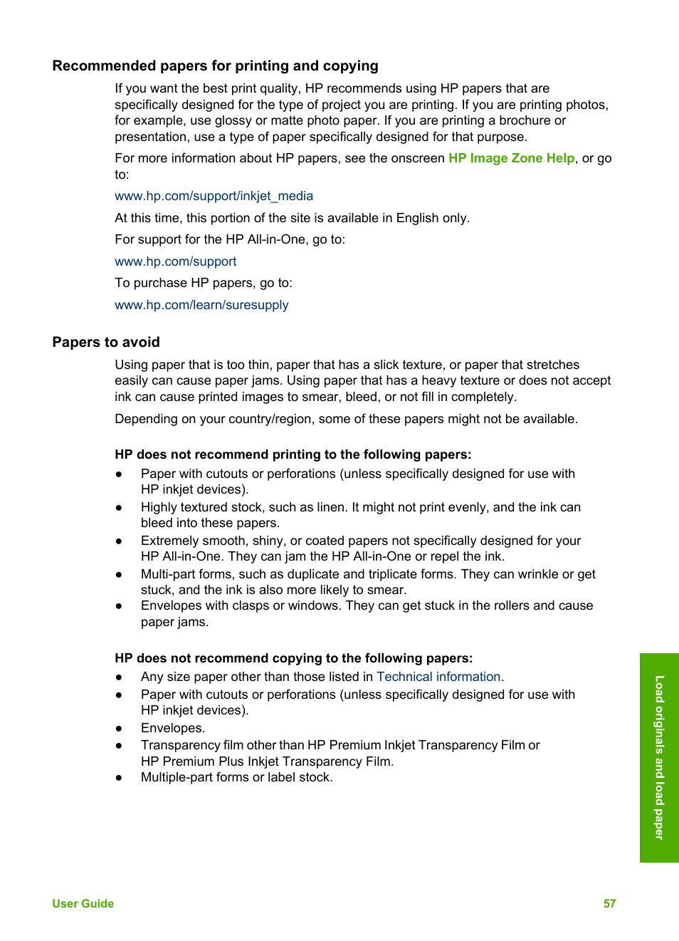 Recommended papers for printing and copying, Papers to avoid | HP Photosmart 3110 All-in-One Printer User Manual | Page 60 / 166