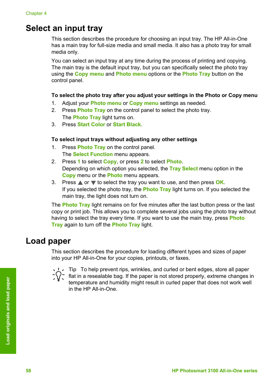 Select an input tray, Load paper, Select an input tray load paper | HP Photosmart 3110 All-in-One Printer User Manual | Page 61 / 166