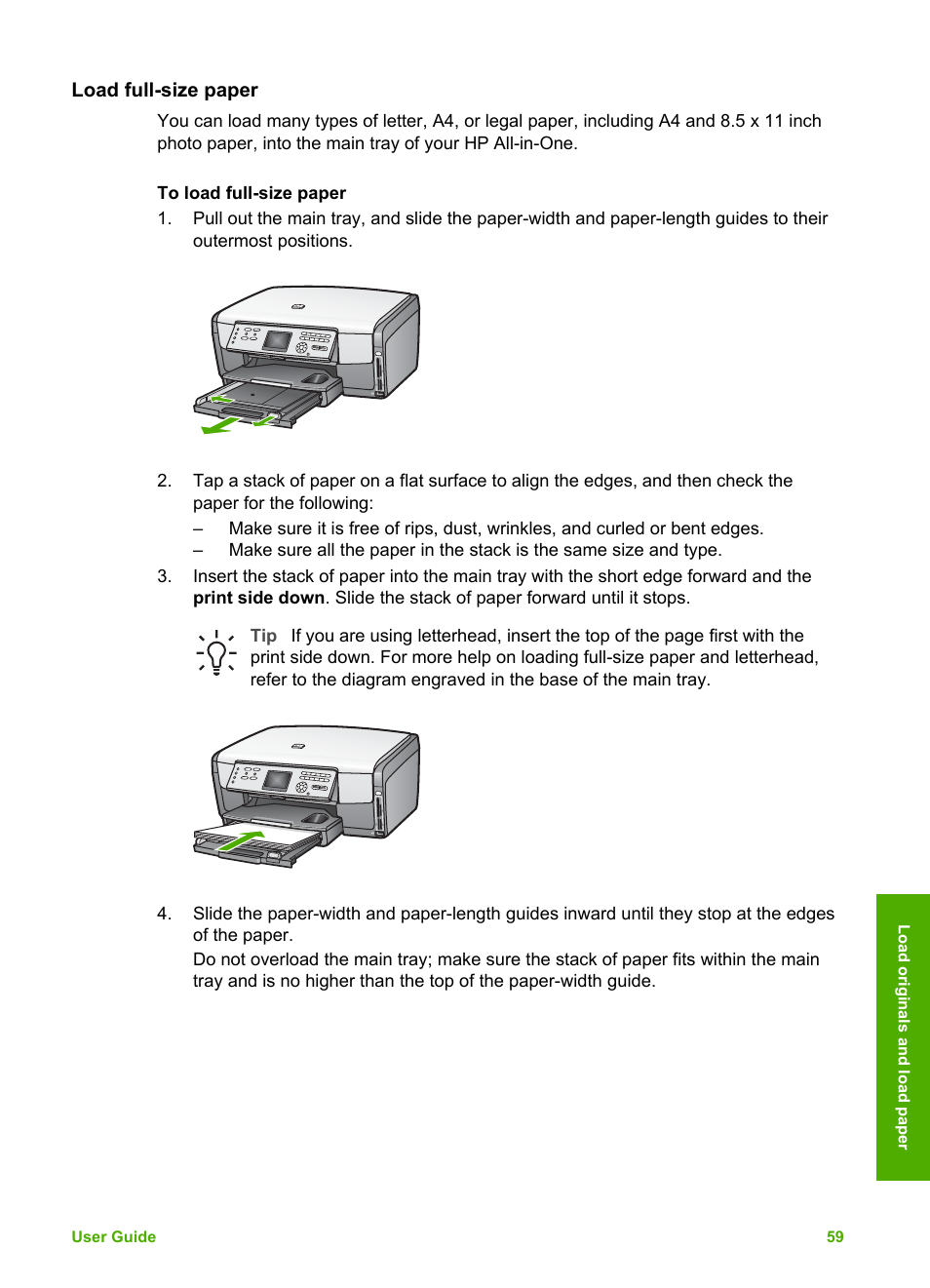 Load full-size paper | HP Photosmart 3110 All-in-One Printer User Manual | Page 62 / 166