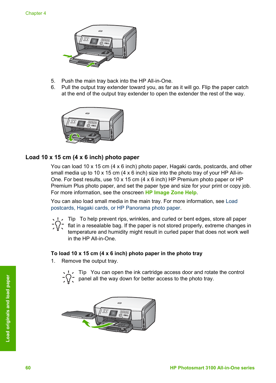 Load 10 x 15 cm (4 x 6 inch) photo paper | HP Photosmart 3110 All-in-One Printer User Manual | Page 63 / 166