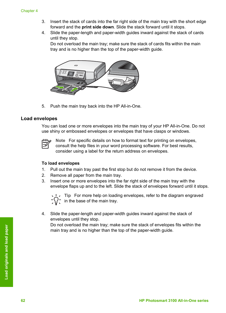 Load envelopes | HP Photosmart 3110 All-in-One Printer User Manual | Page 65 / 166