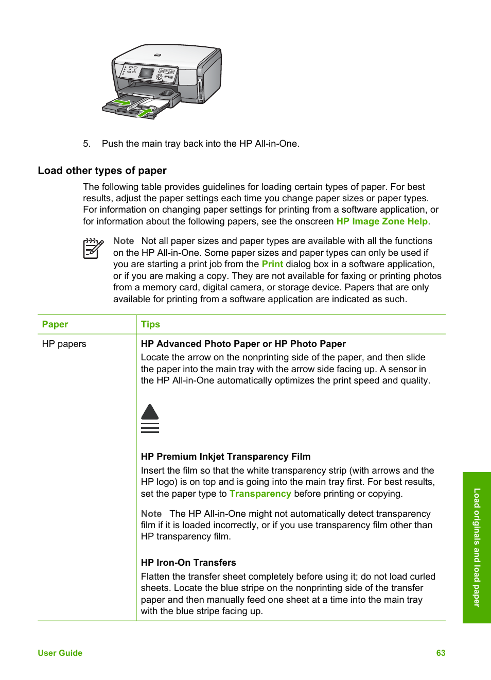 Load other types of paper | HP Photosmart 3110 All-in-One Printer User Manual | Page 66 / 166