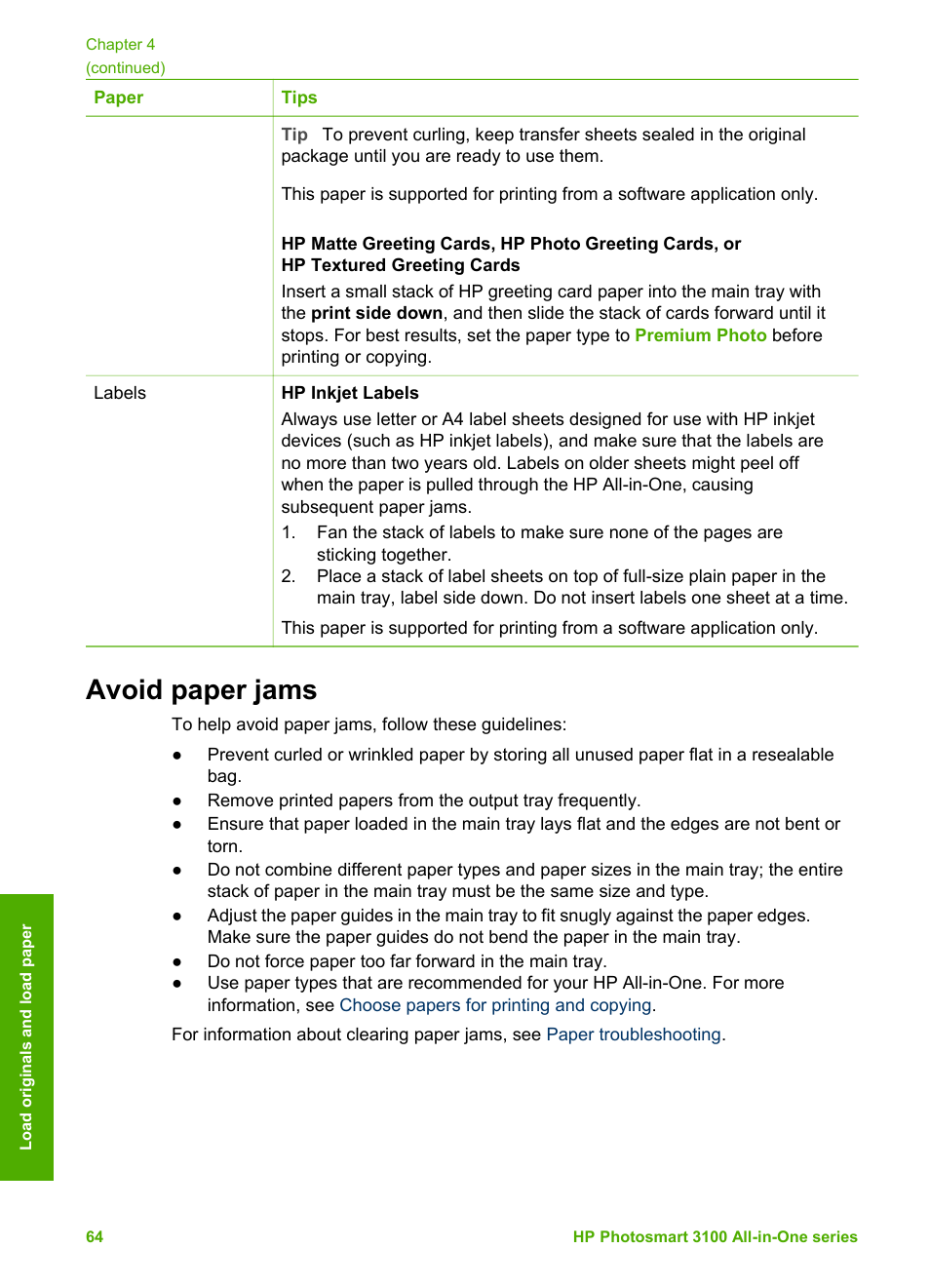 Avoid paper jams | HP Photosmart 3110 All-in-One Printer User Manual | Page 67 / 166