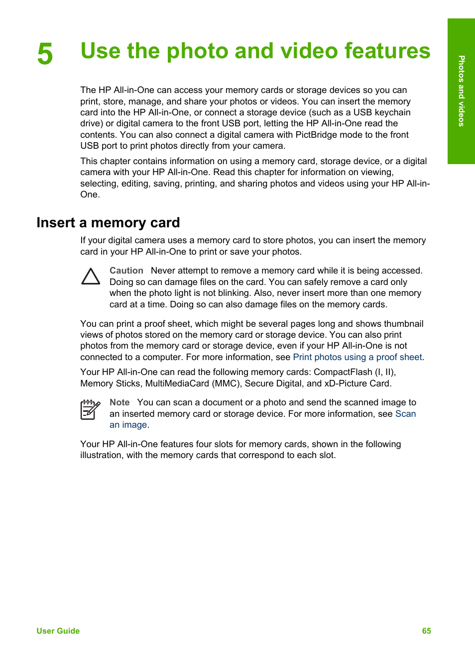 Use the photo and video features, Insert a memory card | HP Photosmart 3110 All-in-One Printer User Manual | Page 68 / 166