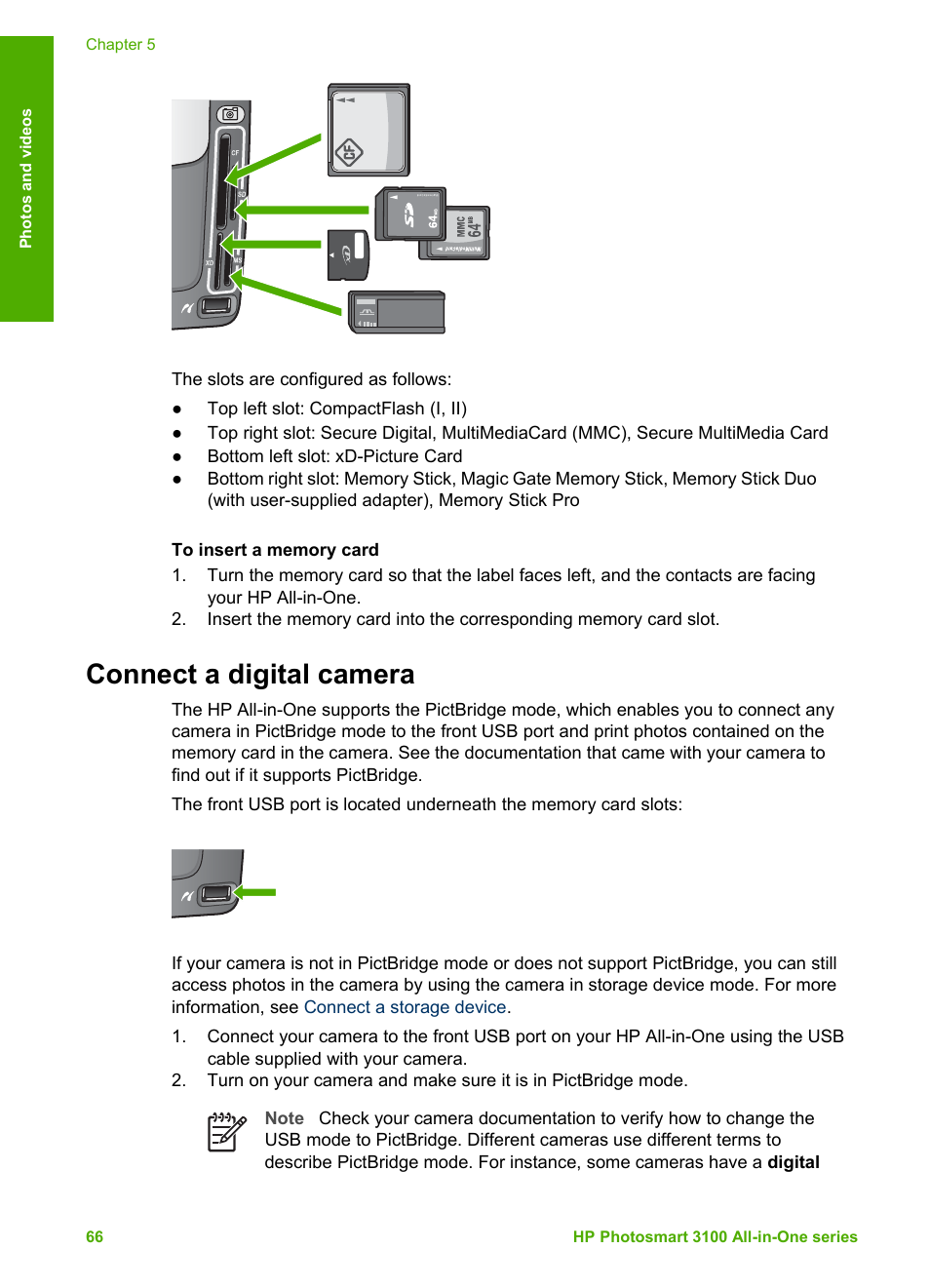 Connect a digital camera | HP Photosmart 3110 All-in-One Printer User Manual | Page 69 / 166