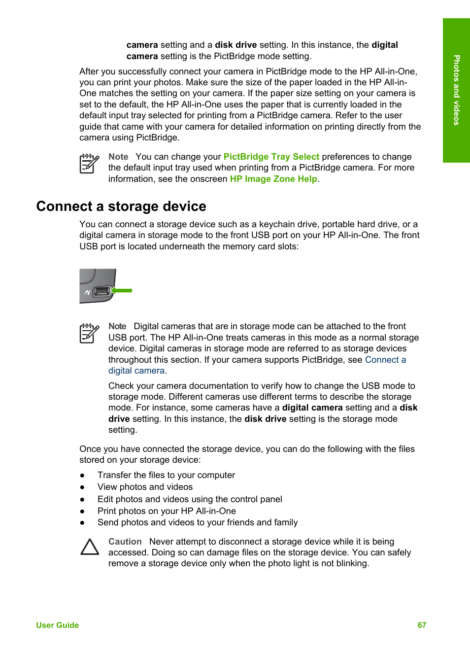 Connect a storage device | HP Photosmart 3110 All-in-One Printer User Manual | Page 70 / 166