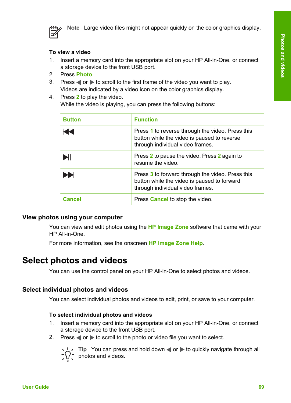 View photos using your computer, Select photos and videos, Select individual photos and videos | Information, see | HP Photosmart 3110 All-in-One Printer User Manual | Page 72 / 166