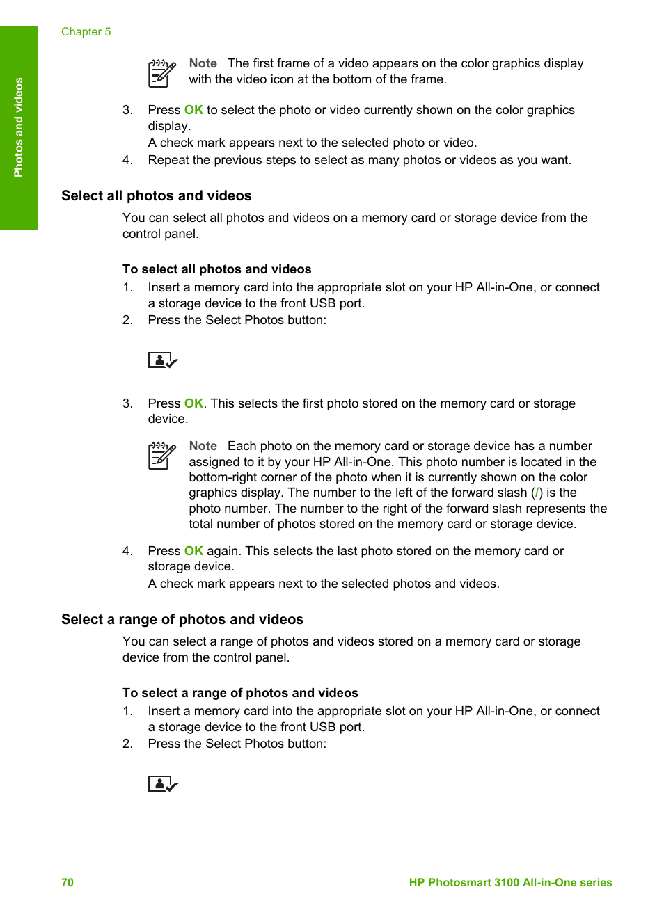 Select all photos and videos, Select a range of photos and videos | HP Photosmart 3110 All-in-One Printer User Manual | Page 73 / 166