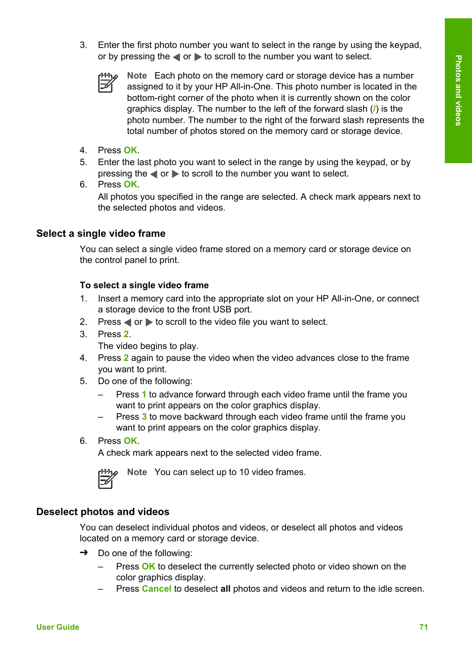 Select a single video frame, Deselect photos and videos | HP Photosmart 3110 All-in-One Printer User Manual | Page 74 / 166