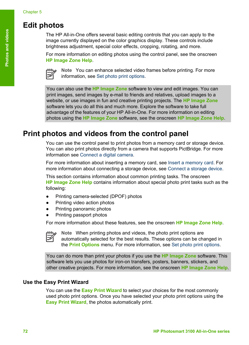 Edit photos, Print photos and videos from the control panel, Use the easy print wizard | HP Photosmart 3110 All-in-One Printer User Manual | Page 75 / 166