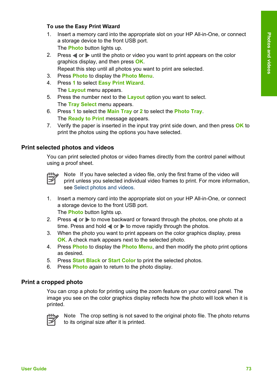Print selected photos and videos, Print a cropped photo | HP Photosmart 3110 All-in-One Printer User Manual | Page 76 / 166