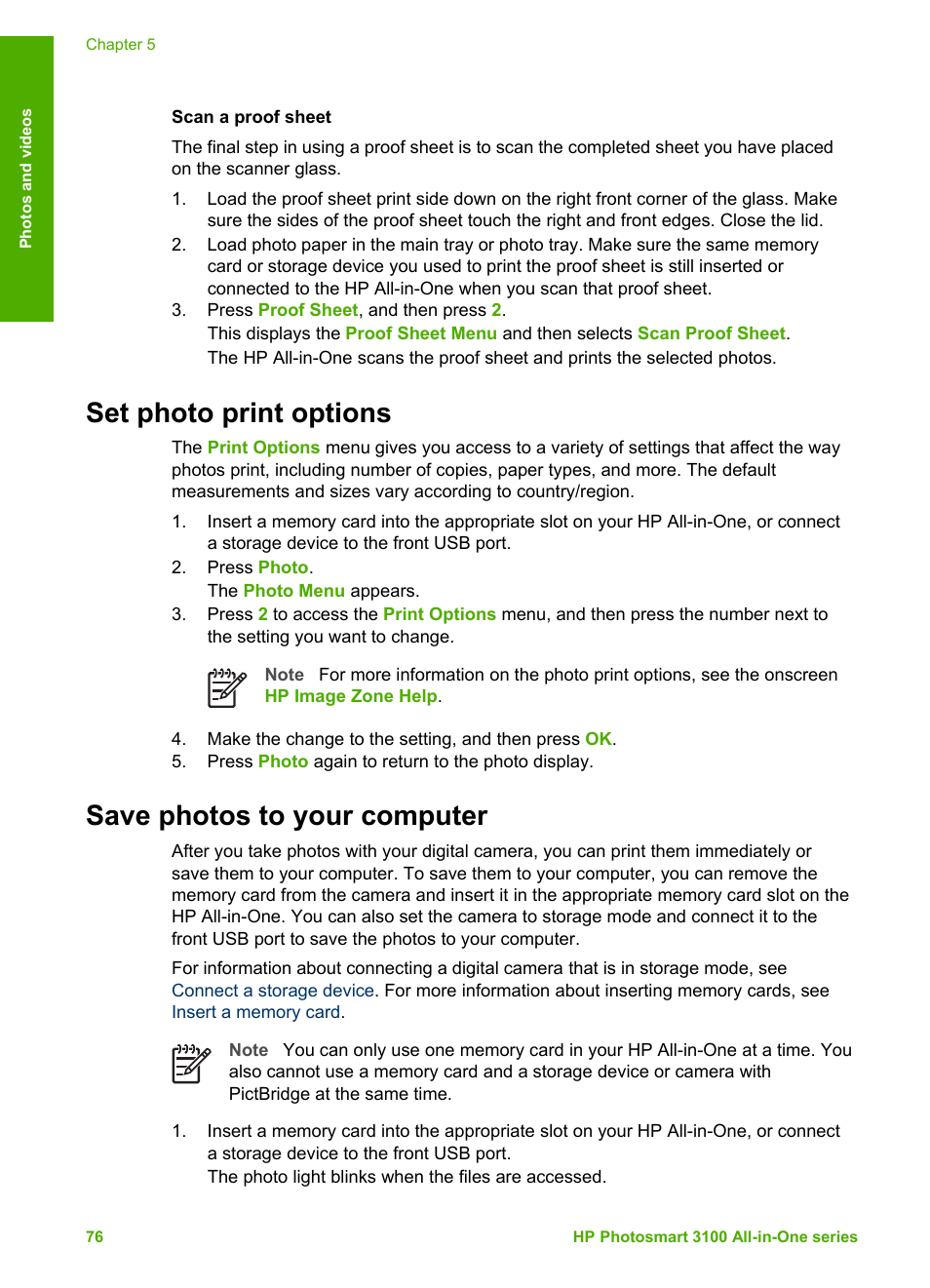 Scan a proof sheet, Set photo print options, Save photos to your computer | HP Photosmart 3110 All-in-One Printer User Manual | Page 79 / 166