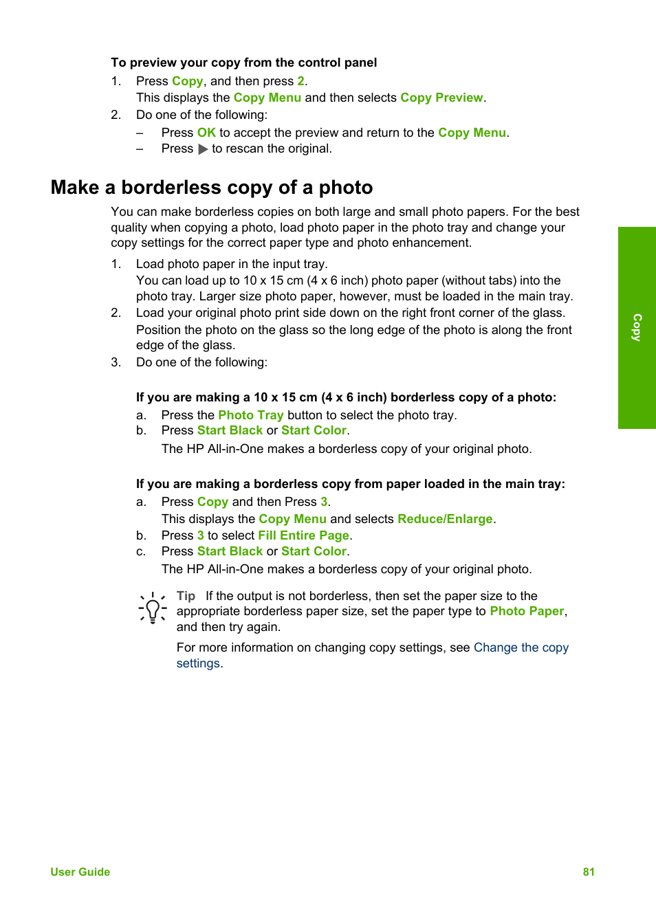 Make a borderless copy of a photo | HP Photosmart 3110 All-in-One Printer User Manual | Page 84 / 166