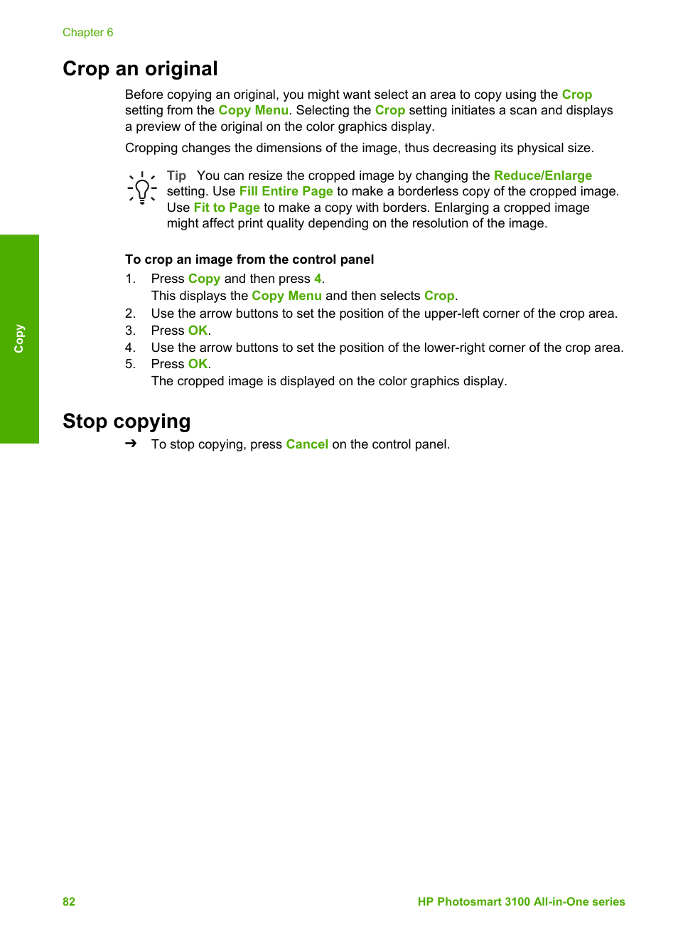 Crop an original, Stop copying, Crop an original stop copying | HP Photosmart 3110 All-in-One Printer User Manual | Page 85 / 166