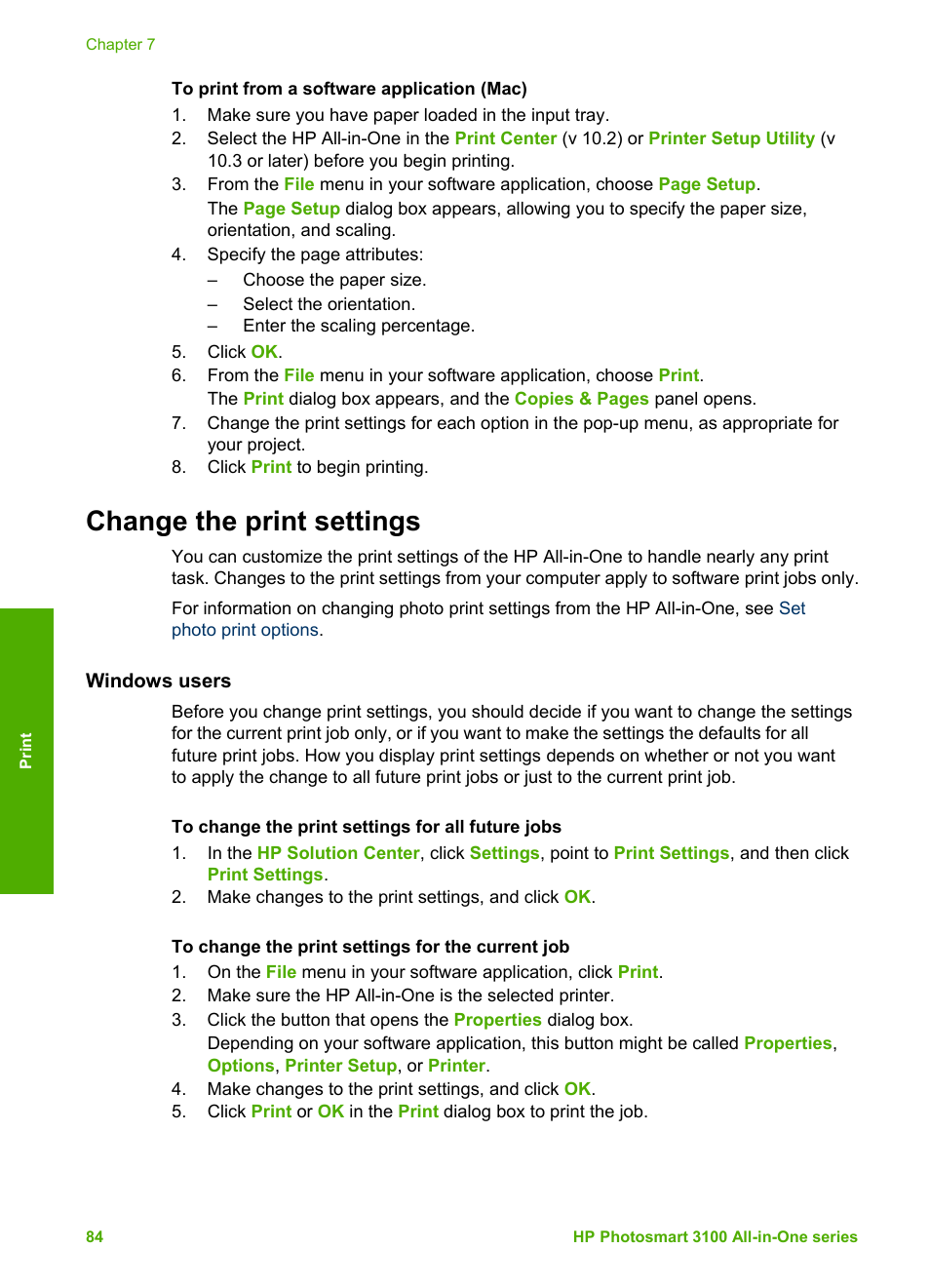 Change the print settings, Windows users | HP Photosmart 3110 All-in-One Printer User Manual | Page 87 / 166
